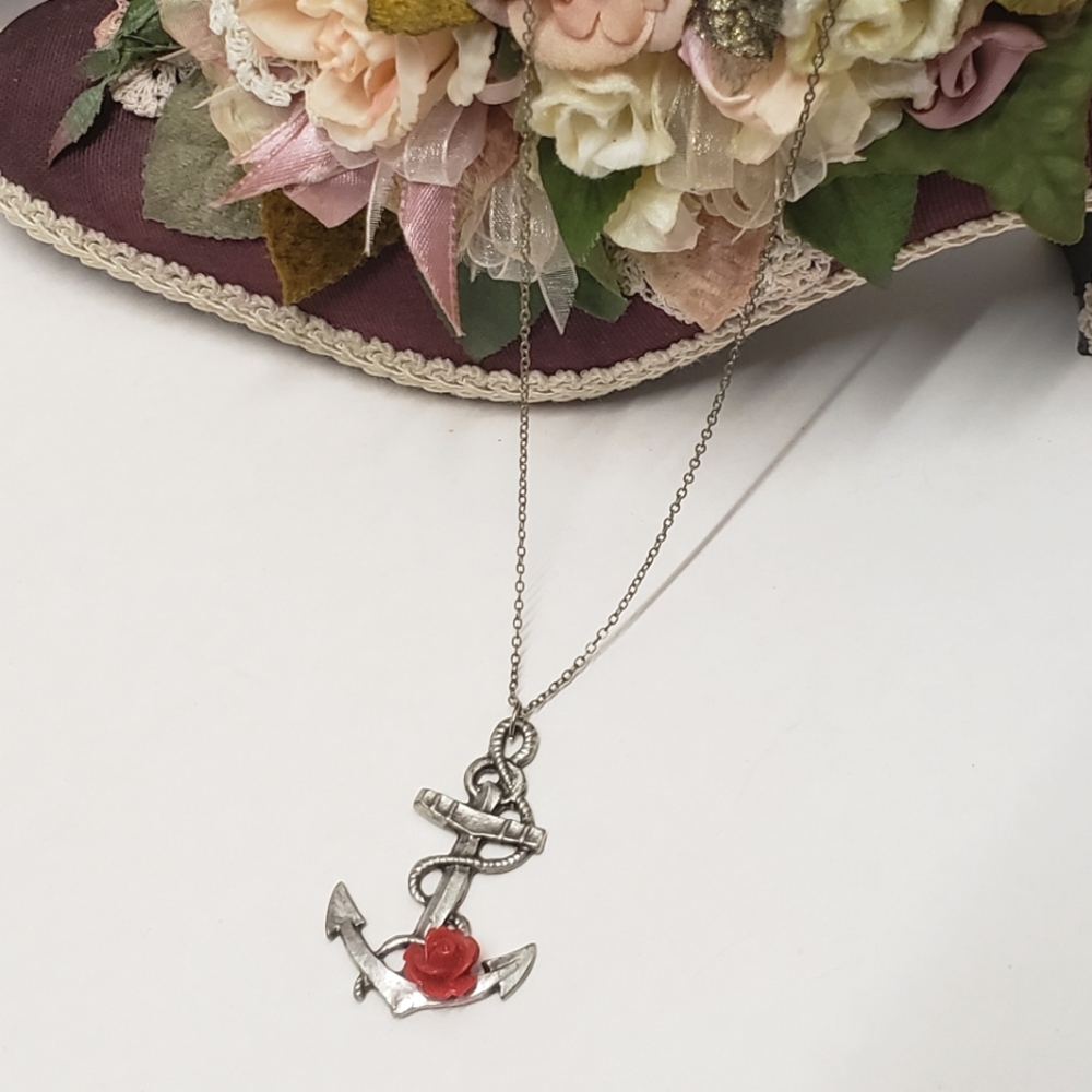 Unique Slive Anchor with Red Rose Necklace